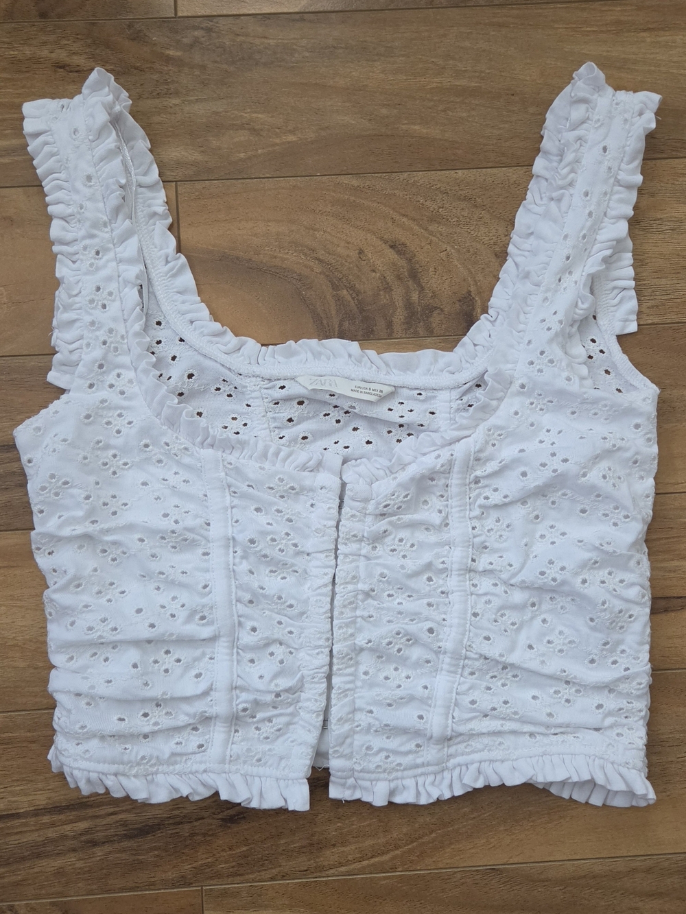 Zara White Eyelet Ruffle Cropped Tank